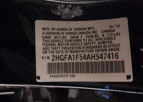 2010 Honda Civic Lx from USA, damaged, VIN 2HGFA1F54AH547416